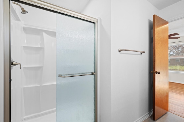 bathroom featuring an enclosed shower and hardwood / wood-style floors