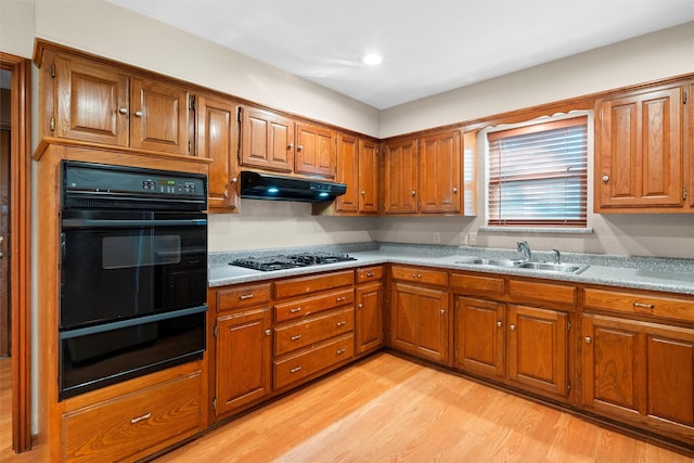 kitchen featuring sink, light hardwood / wood-style flooring, and black appliances