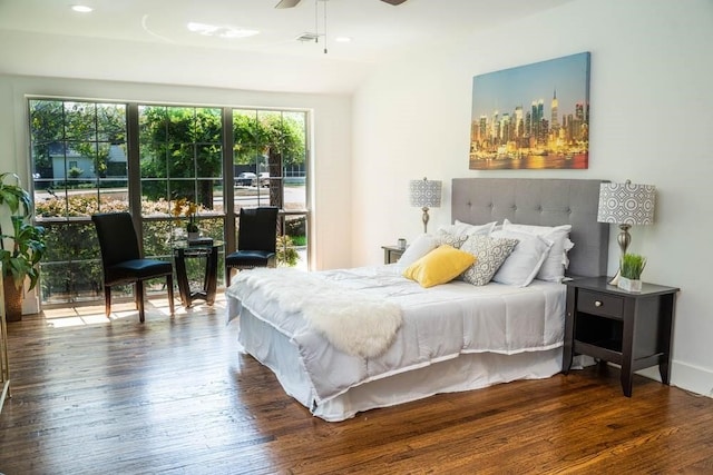 bedroom featuring ceiling fan, dark wood-style flooring, baseboards, and recessed lighting