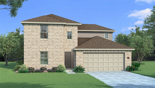 traditional-style house with a garage, a front yard, and brick siding