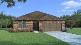 view of front facade featuring a garage, concrete driveway, brick siding, and a front lawn