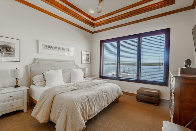 carpeted bedroom with crown molding