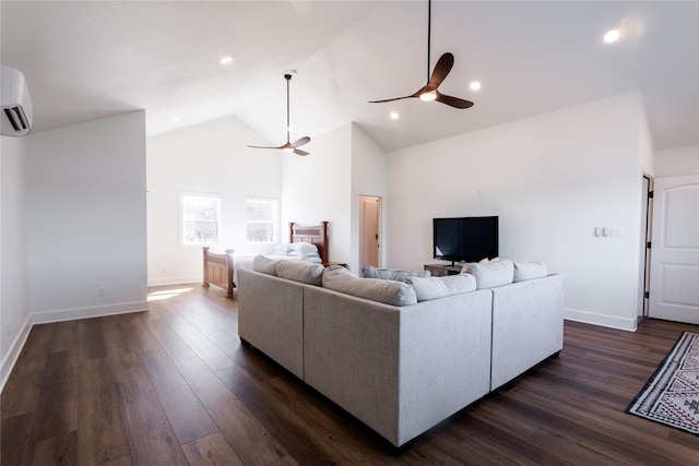 living room with ceiling fan, high vaulted ceiling, a wall mounted air conditioner, and dark hardwood / wood-style flooring