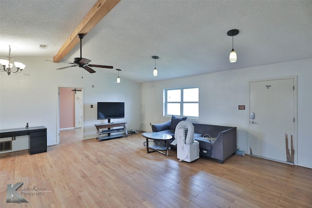 living room with ceiling fan with notable chandelier, light wood-type flooring, vaulted ceiling with beams, and a textured ceiling