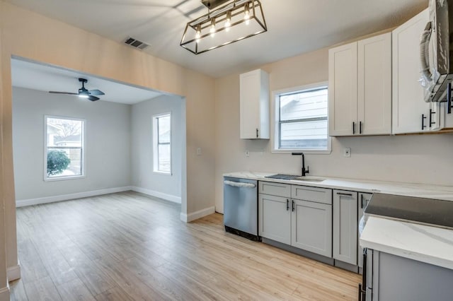 kitchen with sink, gray cabinets, stainless steel appliances, and plenty of natural light