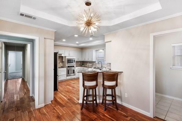 kitchen with white cabinetry, sink, a tray ceiling, and stainless steel appliances