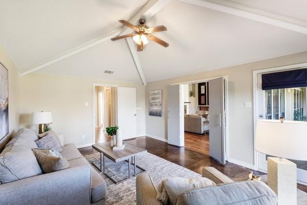 living room with beamed ceiling, high vaulted ceiling, dark hardwood / wood-style floors, and ceiling fan