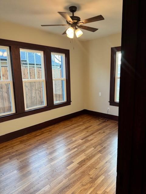 empty room with ceiling fan and light hardwood / wood-style flooring