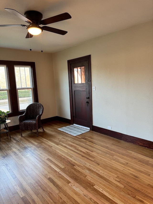 foyer entrance with ceiling fan, a healthy amount of sunlight, and light wood-type flooring