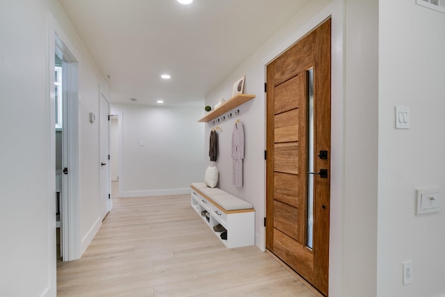 mudroom featuring visible vents, recessed lighting, light wood-type flooring, and baseboards