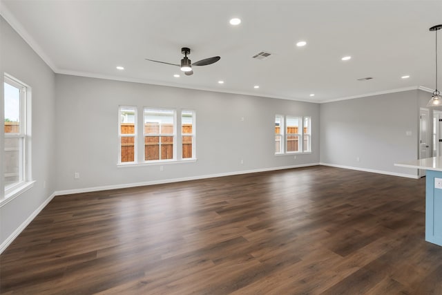 unfurnished living room with crown molding, ceiling fan, and dark hardwood / wood-style flooring