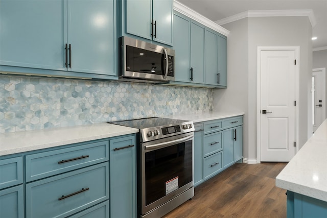 kitchen featuring ornamental molding, appliances with stainless steel finishes, dark hardwood / wood-style floors, and backsplash