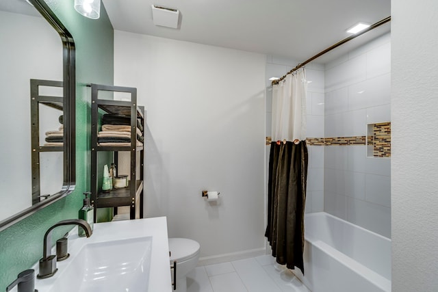 full bathroom with shower / tub combo, toilet, tile patterned flooring, and sink