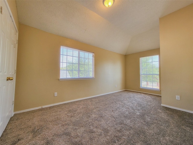 carpeted spare room with lofted ceiling and a textured ceiling