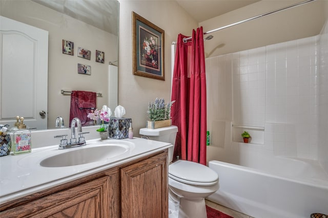 full bathroom featuring shower / bath combination with curtain, vanity, and toilet