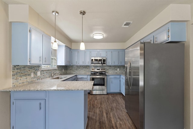 kitchen featuring appliances with stainless steel finishes, sink, backsplash, hanging light fixtures, and kitchen peninsula