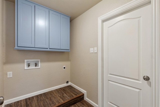 laundry room with cabinets, hookup for an electric dryer, dark hardwood / wood-style floors, and washer hookup