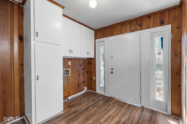 entrance foyer with dark wood-style floors and wooden walls