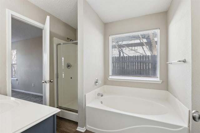 bathroom featuring vanity, separate shower and tub, and a wealth of natural light