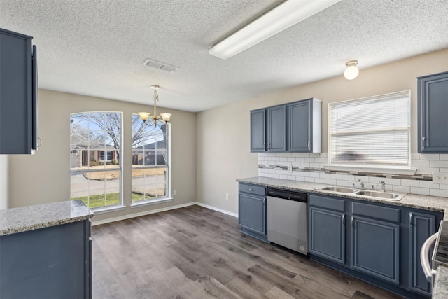 kitchen with blue cabinetry, sink, stainless steel dishwasher, pendant lighting, and backsplash