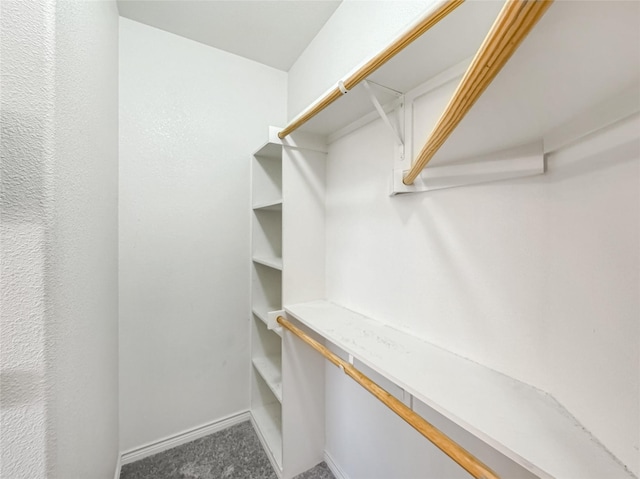 spacious closet featuring dark colored carpet