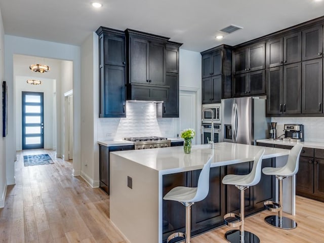 kitchen with appliances with stainless steel finishes, a breakfast bar, decorative backsplash, light hardwood / wood-style floors, and a center island with sink