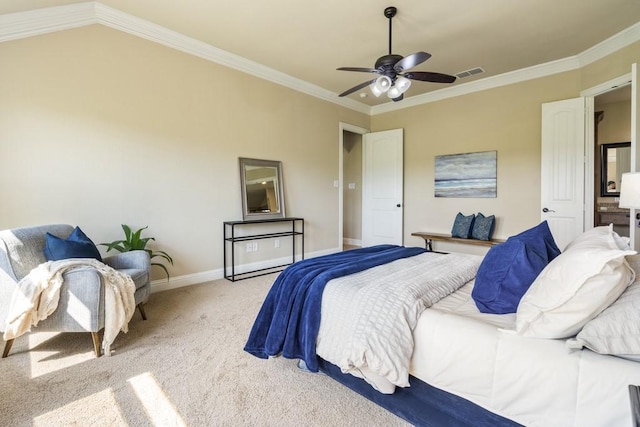 carpeted bedroom featuring ornamental molding and ceiling fan