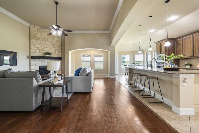 living room with crown molding, a fireplace, dark hardwood / wood-style floors, and ceiling fan