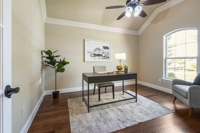 office with ornamental molding, vaulted ceiling, ceiling fan, and dark hardwood / wood-style flooring