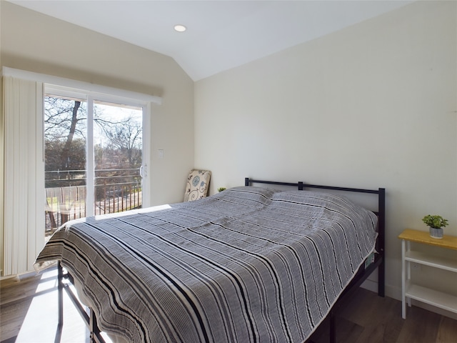 bedroom featuring lofted ceiling, wood finished floors, access to exterior, and recessed lighting