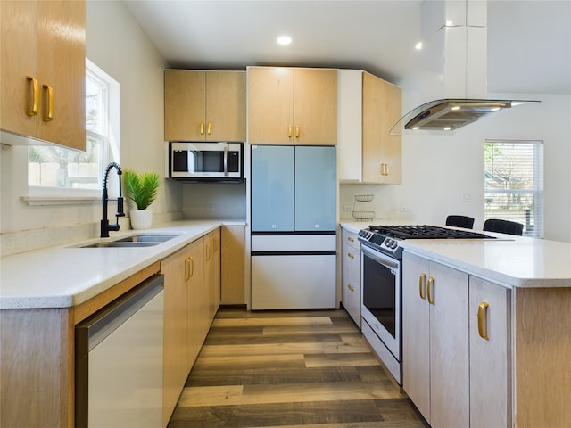 kitchen featuring island range hood, stainless steel appliances, a peninsula, a sink, and light countertops