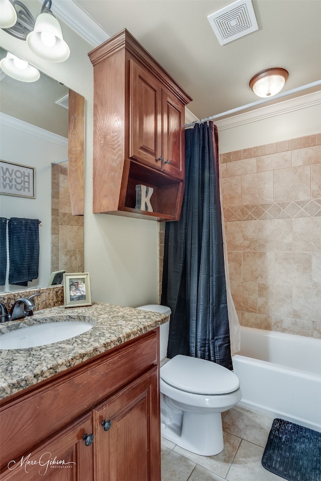 full bathroom featuring crown molding, shower / tub combo, tile patterned flooring, vanity, and toilet