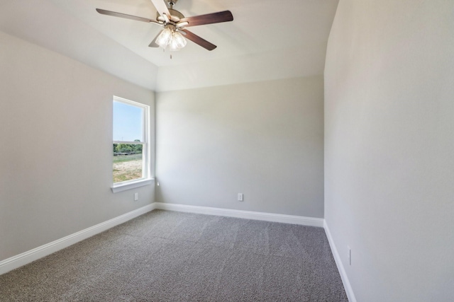 unfurnished bedroom with vaulted ceiling, carpet flooring, and ceiling fan