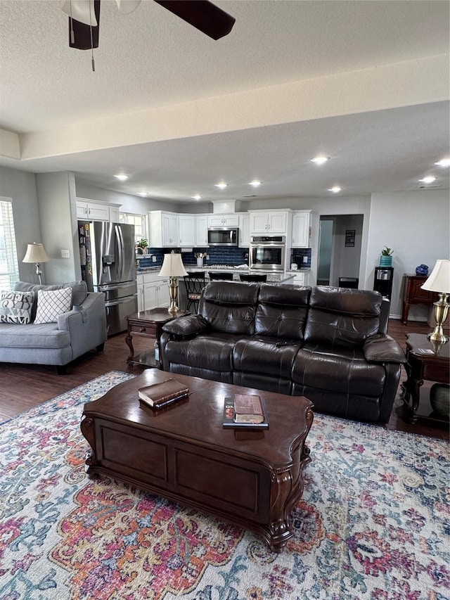 1006 High Point Dr, Mineral Wells, TX 76067 - living area featuring a ceiling fan, wood finished floors, recessed lighting, and a textured ceiling