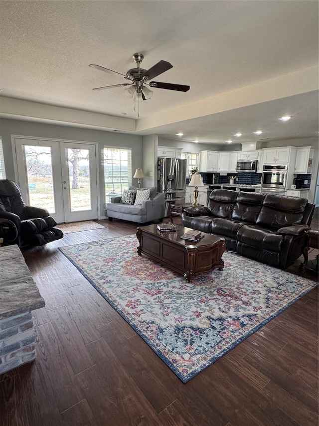 1006 High Point Dr, Mineral Wells, TX 76067 - living area with a ceiling fan, french doors, dark wood-style floors, and recessed lighting