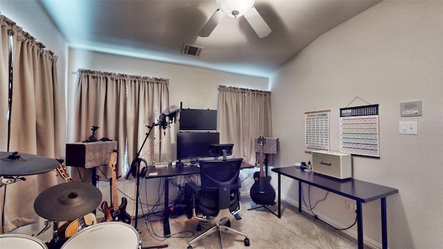 office with light colored carpet and ceiling fan