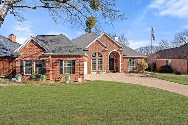 traditional home featuring a shingled roof, a front lawn, brick siding, and a chimney