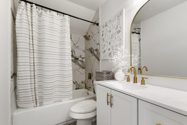 full bathroom featuring vanity, toilet, and shower / tub combo with curtain