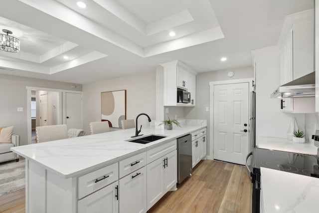 kitchen with sink, white cabinets, stainless steel dishwasher, a tray ceiling, and electric stove