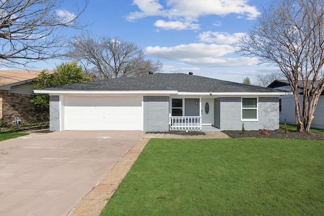 ranch-style home with a porch, a garage, and a front yard