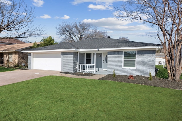 ranch-style home with a garage, covered porch, and a front lawn