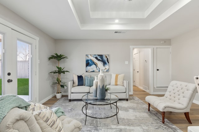 living room featuring hardwood / wood-style flooring and a raised ceiling