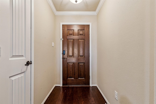 doorway to outside with crown molding and dark wood-type flooring