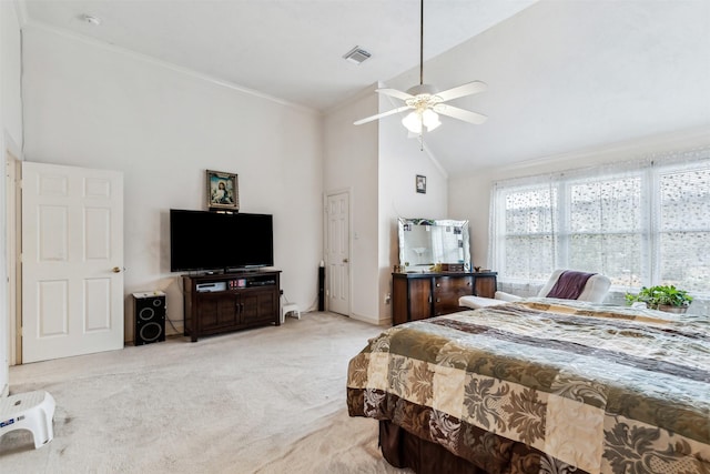 carpeted bedroom featuring crown molding, ceiling fan, and high vaulted ceiling