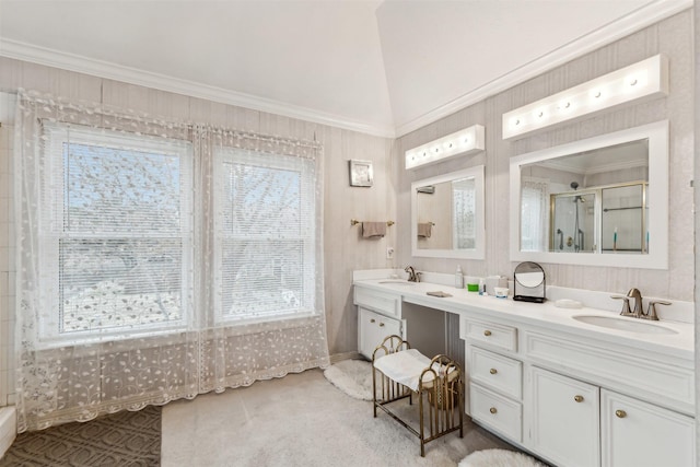 bathroom featuring walk in shower, lofted ceiling, vanity, and a wealth of natural light