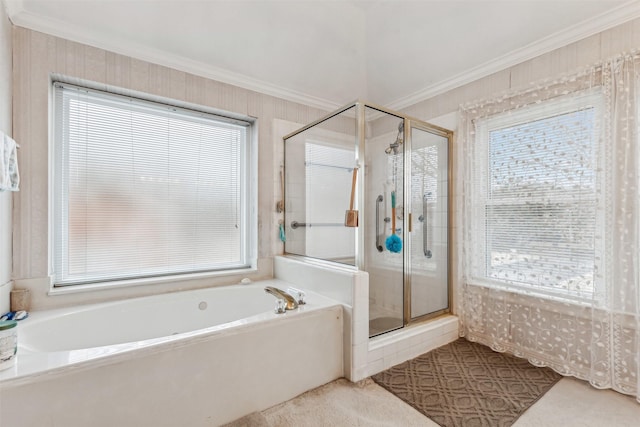 bathroom featuring crown molding and independent shower and bath