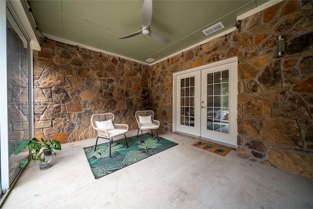 view of patio / terrace with a ceiling fan, french doors, and visible vents