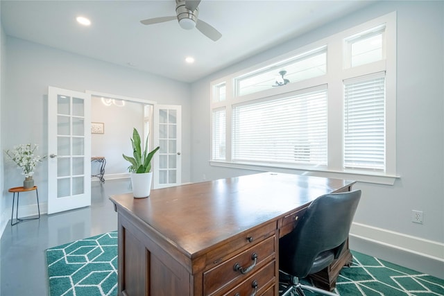 office area featuring french doors, recessed lighting, and baseboards