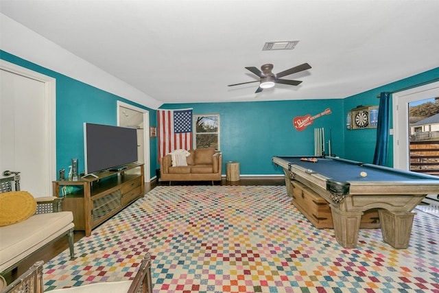 playroom with ceiling fan and billiards