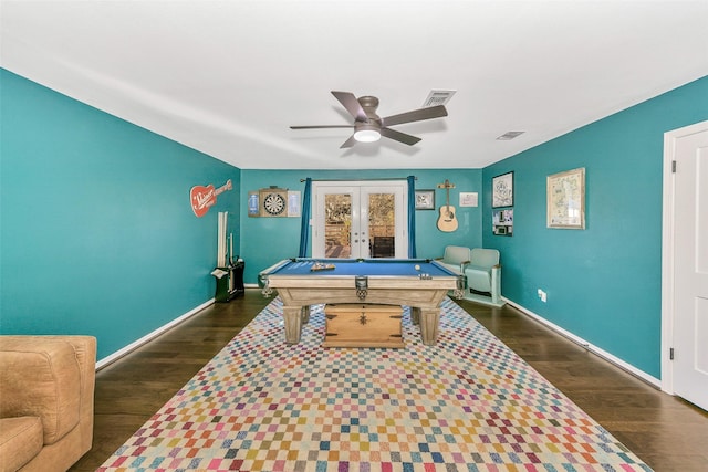 recreation room with french doors, billiards, dark hardwood / wood-style flooring, and ceiling fan